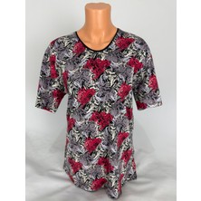 Yaşar Triko Kadın Çok Renkli U Yaka Kısa Kollu Desenli Yırtmaçlı Dokuma Viskon Anne Penye Tişört