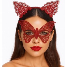 Buğz Gösterişli Kırmızı Dantel Maske ve Taç Seti 7 No – Masquerade ve Davetler Için