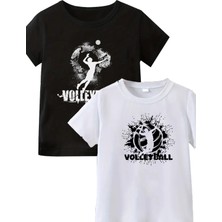 Makiteks 2li Kaliteli Pamuk Penye Unisex Kadın Erkek Volleyball Baskılı Tshirt Siyah Beyaz Voleybol Tişört