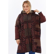 Laden Triko Kadın Büyük Beden Kalın Kapşonlu Desenli Fermuarlı Panço Kışlık Battal Anne Hırka