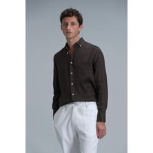 Lufian Pitaya Erkek Keten Gömlek Comfort Fit Kahverengi