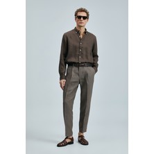 Lufian Pitaya Erkek Keten Gömlek Comfort Fit Kahverengi