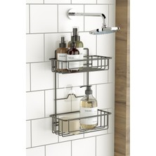 Iki Katlı Yapışkanlı Banyo Şampuanlık Rafı, Mat Siyah, Duş Için Şık ve Pratik