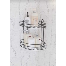 Iki Katlı Yapışkanlı Siyah Metal Banyo Köşeliği, Şampuanlık ve Sabunluk Seti