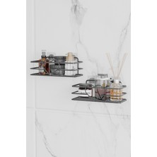 Kalp Tasarımlı Siyah Yapışkanlı ve Kancalı Banyo Rafı 2'li Set