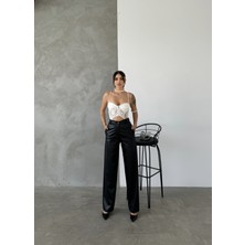 Pophlin Siyah Palazzo Deri Pantolon