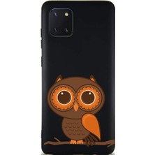 PrintiFy Samsung Galaxy A81 ile Uyumlu Baykuş (0214A) Tasarımlı Siyah Lansman Silikon Kılıf