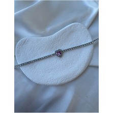 Rodyum Kaplama Pembe Taşlı Kalp Zirkon Taşlı Suyolu Bileklik