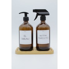 Şeffaf Cam El Sabunu ve Mutfak Temizleyici Şişesi, 500ML ve Bambu Altlıkli Set