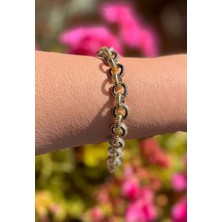 Yuvarlak Iç Içe Geçilmiş Gold Parlak Taşlı Zirkon Çelik Bileklik