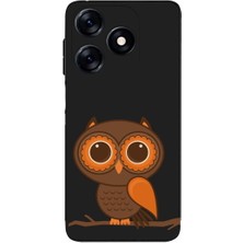 PrintiFy Tecno Spark 10 4g ile Uyumlu Baykuş (0214A) Tasarımlı Siyah Lansman Silikon Kılıf