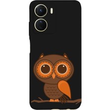 PrintiFy Vivo Y16 ile Uyumlu Baykuş (0214A) Tasarımlı Siyah Lansman Silikon Kılıf