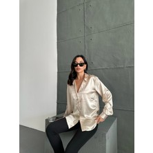 Pophlin Bej Saten Oversize Gömlek