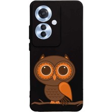 PrintiFy Oppo Reno 11F ile Uyumlu Baykuş (0214A) Tasarımlı Siyah Lansman Silikon Kılıf