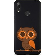 PrintiFy Huawei Y7 2019 ile Uyumlu Baykuş (0214A) Tasarımlı Siyah Lansman Silikon Kılıf