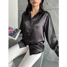Pophlin Siyah Saten Oversize Gömlek