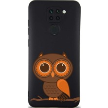 PrintiFy Xiaomi Redmi Note 9 ile Uyumlu Baykuş (0214A) Tasarımlı Siyah Lansman Silikon Kılıf