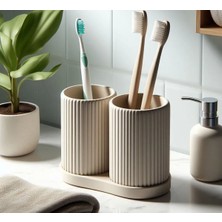 Fitilli Çift Diş Fırçası Tutucu Seti, Pratik ve Şık Düzenleyici, Bej