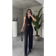 Asfa Moda Siyah Çizgili Düğmeli Yelek Pileli Palazzo Pantolon Ikili Takım