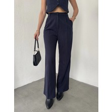 Asfa Moda Lacivert Çizgili Pileli Tam Kalıp Bel Oturtmalı Geniş Paça Palazzo Pantolon