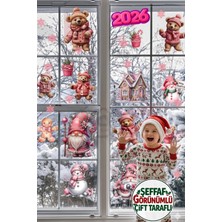 Kt Grup Şeffaf Çift Taraflı Ayıcık, Pembe Gnome ve Kardan Adam Sticker Seti - Yılbaşı Kapı Dolap Cam Dekoru