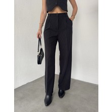 Asfa Moda Siyah Çizgili Pileli Tam Kalıp Bel Oturtmalı Geniş Paça Palazzo Pantolon