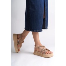 Joy Ayakkabı Elena Lastikli Taşlı Şeritli Ortopedik Taban Kadın Sandalet Ctt - Ten