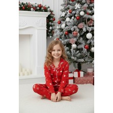 Sharin Kız Çocuk Kırmızı Desenli Yumuşak Süet Kumaş Düğmeli Yılbaşı Pijama Takımı 5E-4770