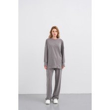 Gri Kadın Tencel Karışımlı Yumuşak Dokulu Nervürlü Bol Paça Basic Alt-Üst Takım