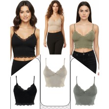 3'lü Crop Takım Askılı Dantelli Pedli Büstiyer Bluz (Paket Içeriği 1- Haki-Yeşil, 1-Taş, 1-Siyah)