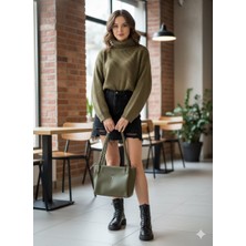 Zerva Queen Askısı Örgü Detaylı Haki Renkli Büyük Boy Kadın El ve Omuz Çantası