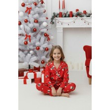 Sharin Kız Çocuk Kırmızı Desenli Yumuşak Süet Kumaş Düğmeli Pijama Takımı 5E-4771