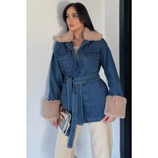 Gülseli Kadın Yaka Kol Kürk Detaylı Jean Kot Ceket P-00018979