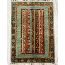 El Dokuma Afgan Halı Şal Desenli Desenli Turkuaz Renk 1 Metre Kare