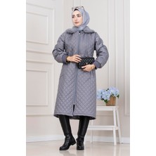 Sevitli Yakası Kürklü Capitone Mont-Gri