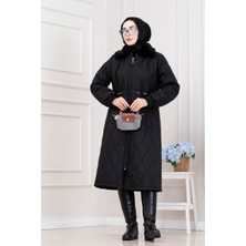 Sevitli Yakası Kürklü Capitone Mont-Siyah