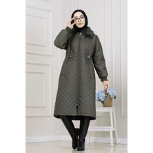 Sevitli Yakası Kürklü Capitone Mont-Haki