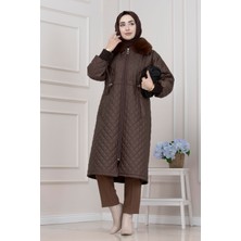 Sevitli Yakası Kürklü Capitone Mont-Kahverengi