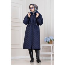 Sevitli Yakası Kürklü Capitone Mont-Lacivert