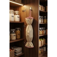 Pembe Biyeli Bej Renk Poşetlik – Mutfak Düzenleyici Askılı Çanta – 50 cm Bez Poşet Saklama Torbası