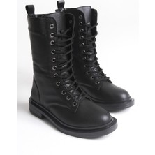 Adımla Siyah Deri Kadın Bot Postal Yanna Bağcıklı Içten Fermuarlı Kalın Tabanlı Su Geçirmez