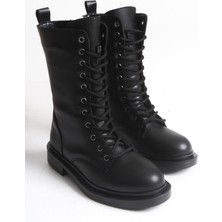 Adımla Siyah Deri Kadın Bot Postal Hanna Bağcıklı Içten Fermuarlı Kalın Tabanlı Su Geçirmez