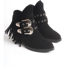 Adımla Kadın Bot Western Kovboy Siyah Süet Püsküllü Metal Tokalı Metal Zımba Detaylı Berry