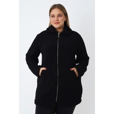 Intensive Collection Kadın Büyük Beden Siyah Fermuarlı Cepli Soft Teddy Peluş Uzun Kollu Hırka