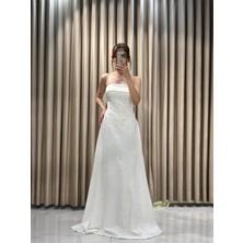 Kaleiçi Yıldızlar Beyaz Straplez Damla Taş Model Çan Model Abiye 5269