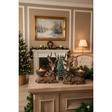 3’lü Geyik ve Çam Ağacı El Boyaması Seti, Ev Dekorasyonu, Biblo, Figür, Kahverengi