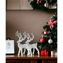 Empressco Beyaz Yılbaşı Geyik Figürü, 10 cm, 2'li Set, Plastik Süs Deri Malzeme ile Şık Dekorasyon