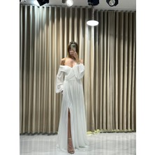 Kaleiçi Yıldızlar Beyaz Şifon Balon Kollu Abiye 1052