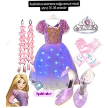 Işıklı Rapunzel Kostüm Elbise Pembe Rapunzel Bubble Saç Taç Eldiven Mor Topuklu Ayakkabı Parti