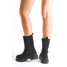 Adımla Siyah Süet Kısa Kadın Postal Bot Lastikli Kalın Tabanlı Su Geçirmez Harper